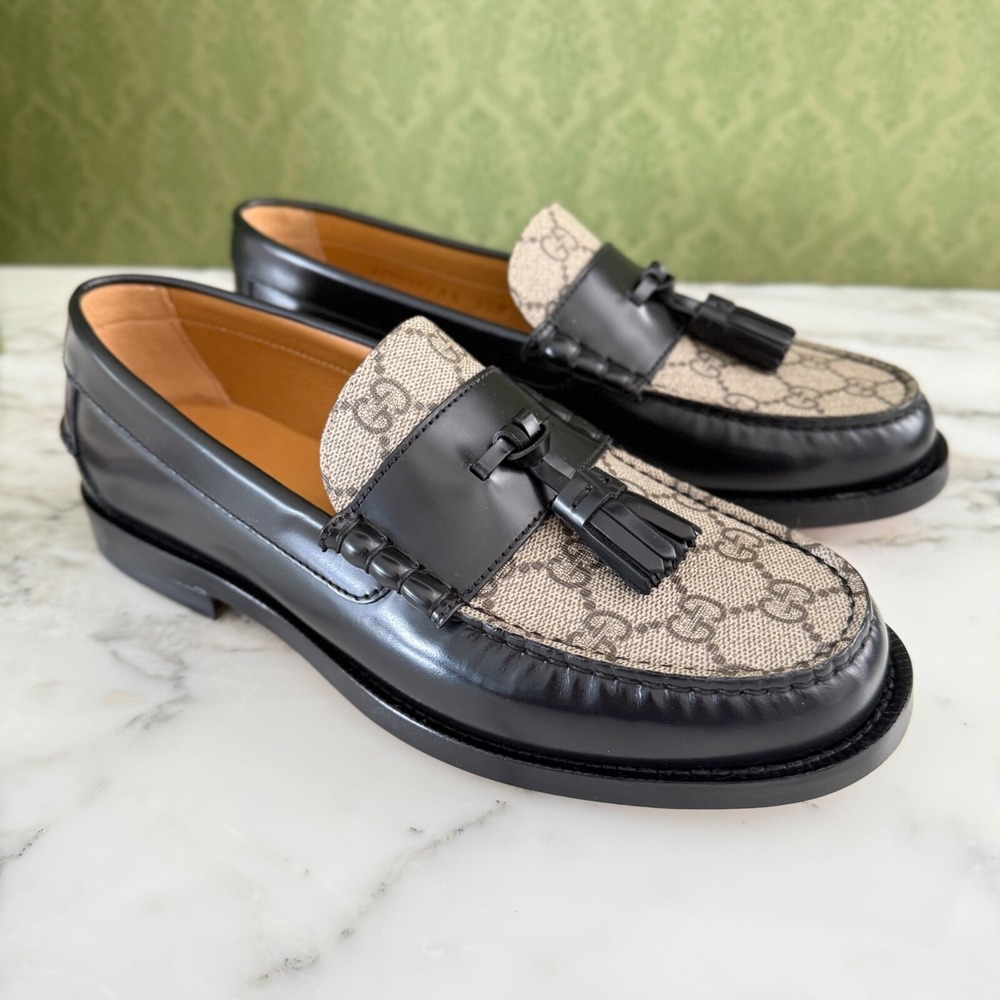 NWT Gucci 673817 Mens GG Logo Leather Loafers Shoes Black/Beige Gucci 5.5 - Picture 4 of 9